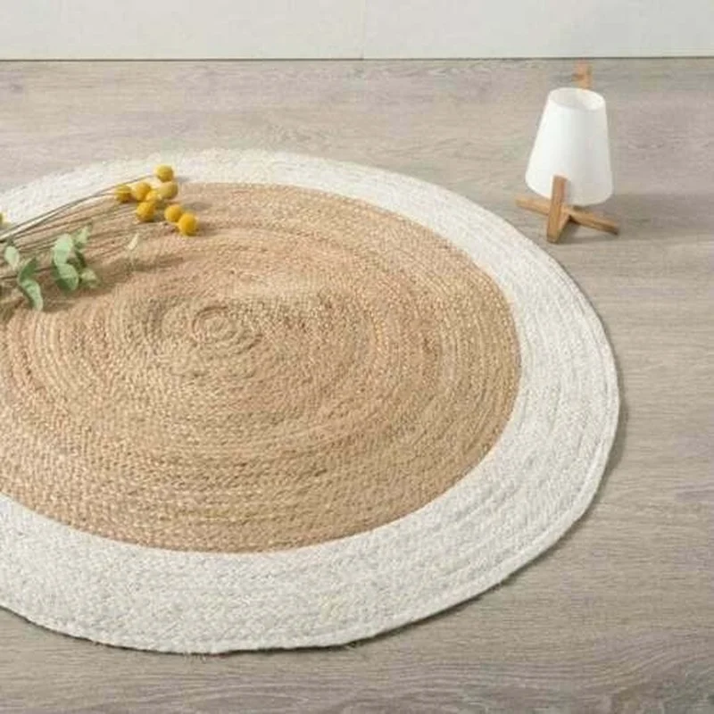 

Jute Rug Round Natural White Border Handmade Reversible Braided Modern Look Carpets for Bed Room