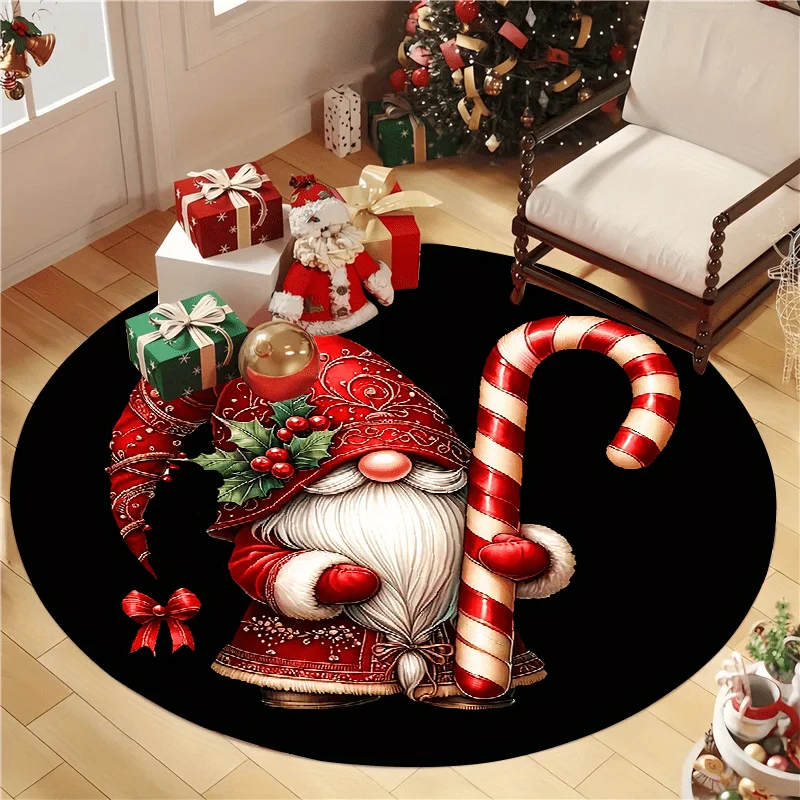 1pc 2D Flat Merry Christmas Gnome Round Rug, Mat for Living Room Bedroom Laundry Room, Home Decor for Holiday Celebrations