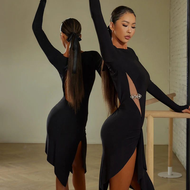 

UK Latin Dancewear Women Elegant Cut-Out Back Dress - Ballroom Training with Built-in Shorts & Stretch Fabric