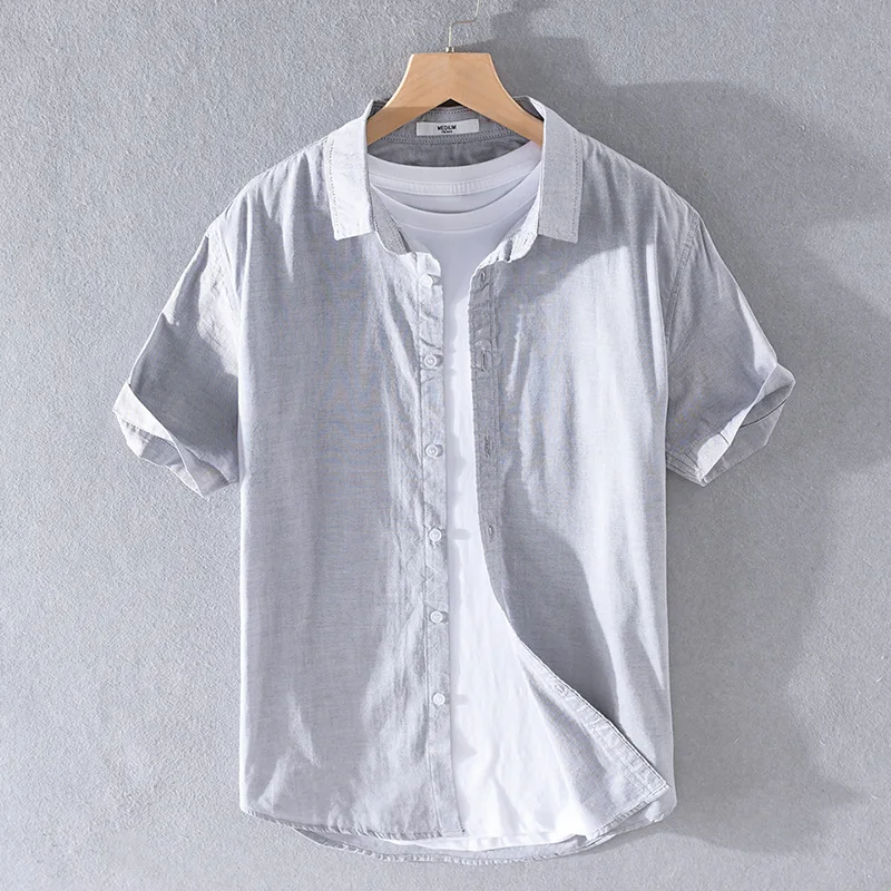 Europe and America Breathable Casual Linen Shirt Men's Short Sleeve Loose Summer Thin Lapel Single-breasted Cotton Linen Shirt