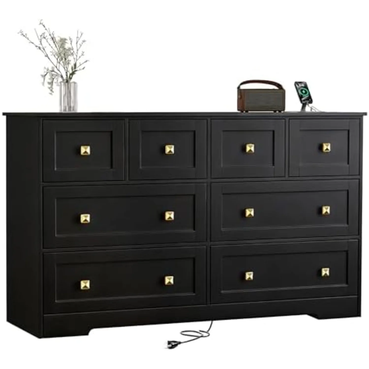 Black Dresser for Bedroom with Power Outlets Wide Wooden Dresser with 8 Drawer and Metal Handle Large Clothing Storage