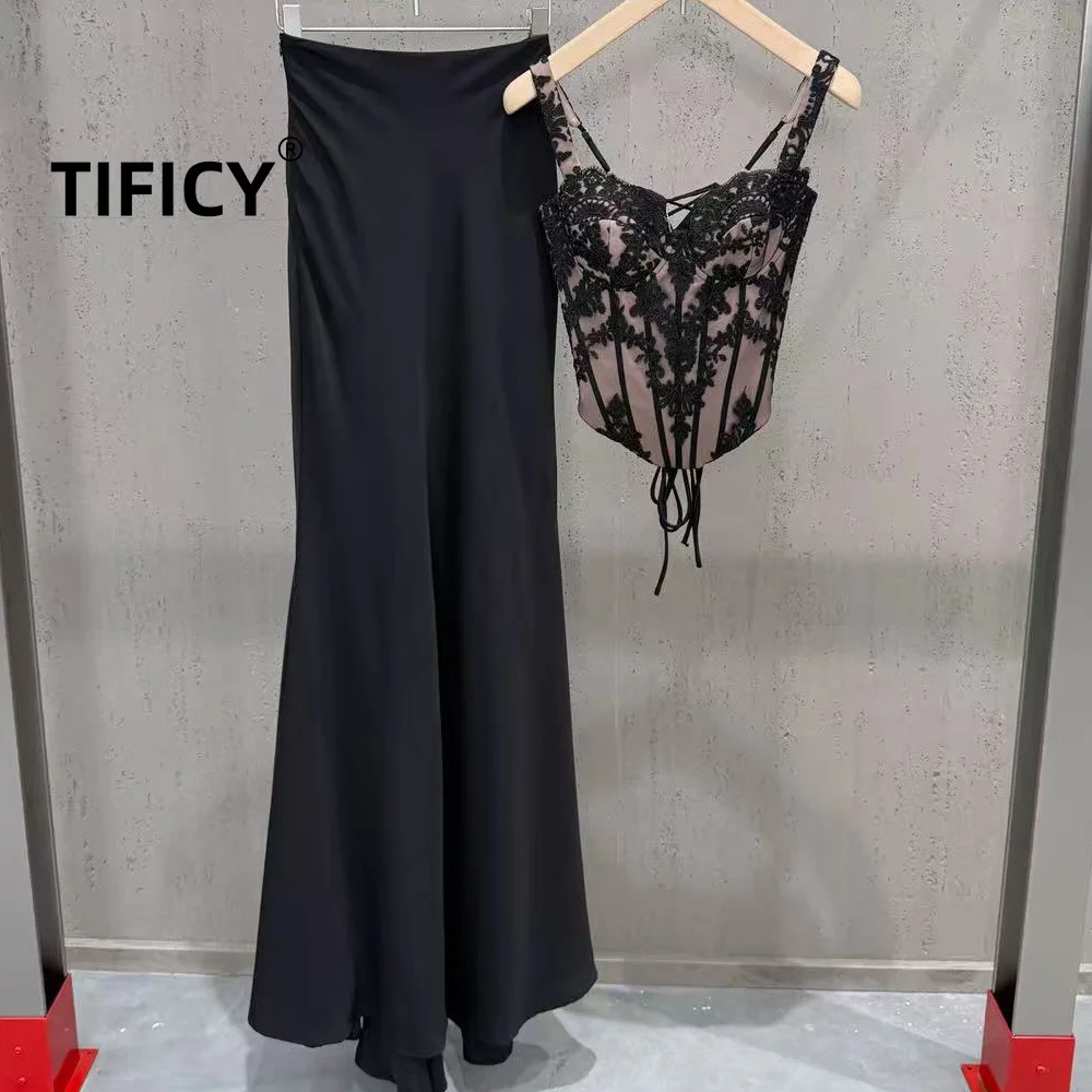 High Street 2pcs Set Women's French Ins Style Lace Embroidery Suspender Long Skirt with Elegant Temperament and Fashionable Set
