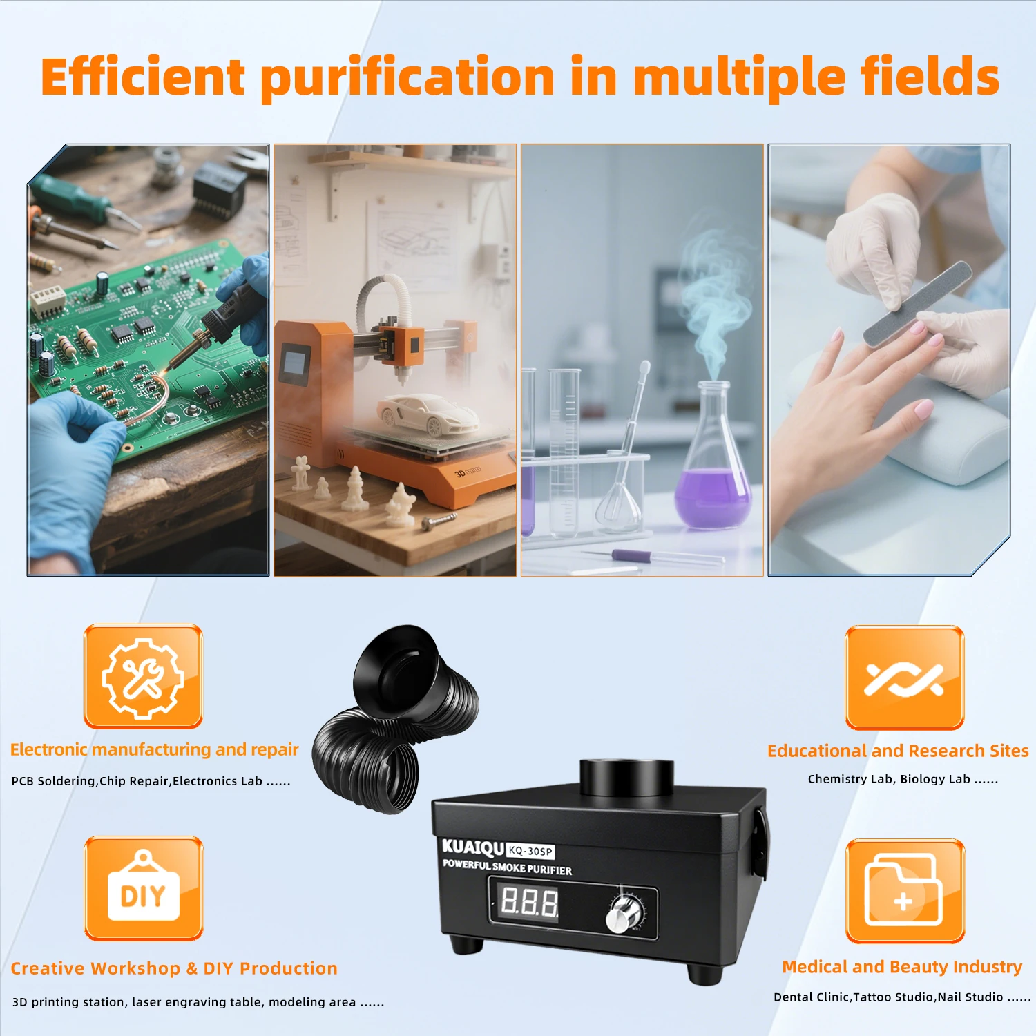 KUAIQU Rauchabsauger 30W 45W 80W 150W Lötrauchgerät H13 HEPA 3-Stufen-Aktivkohlefilter-Schwamm für Schönheitspflege 3D-Drucker PCB-Lötstation Flussrauch-Entfernung Lasergravur Werkstatt Einstellbarer Luftstrom 1–100% LED-Anzeige – Detail 7