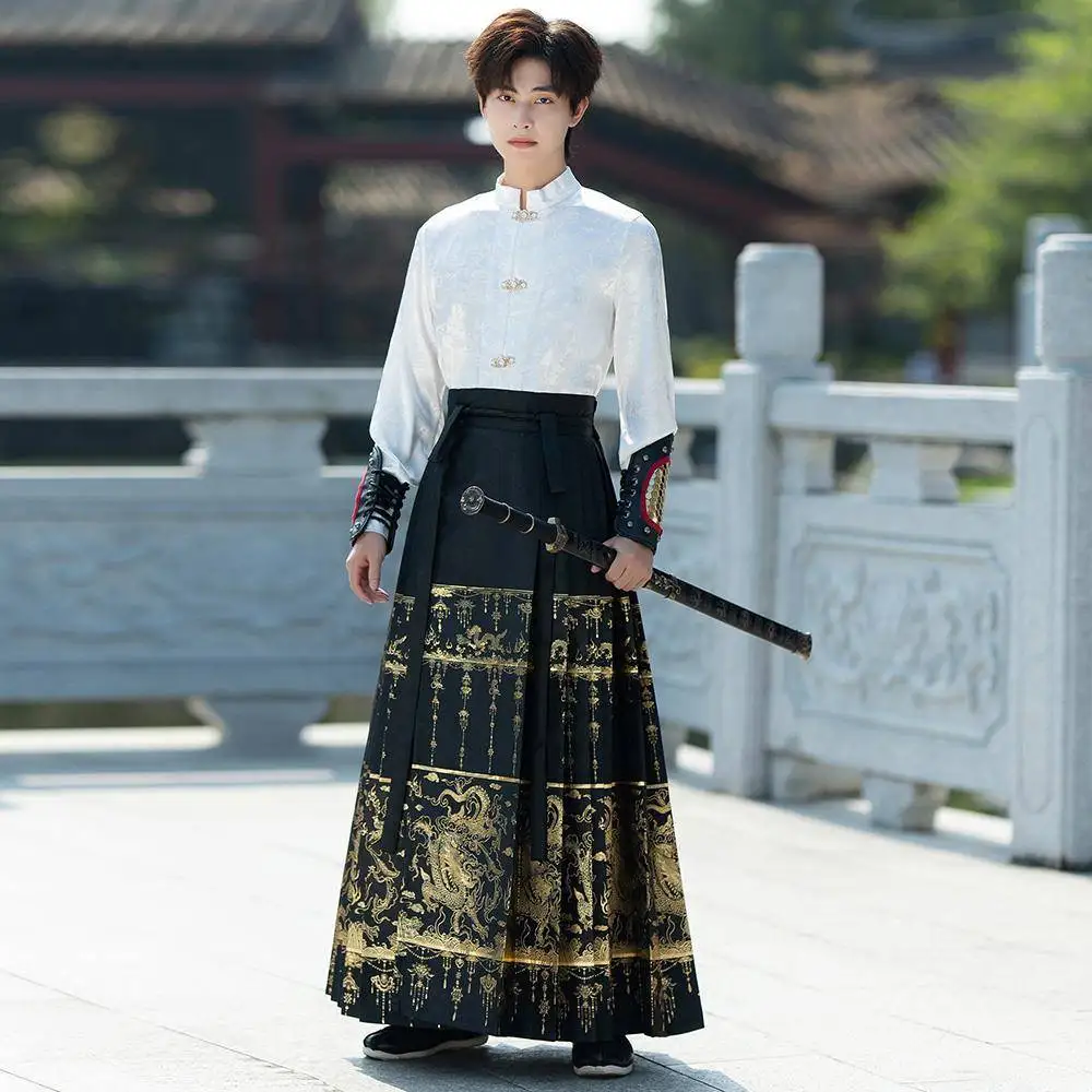 

Original New Chinese Sle Men's Hanfu Costume Set Ming Dynas Performance Costume Dragon Pattern Embroidery Color Silk Fabric