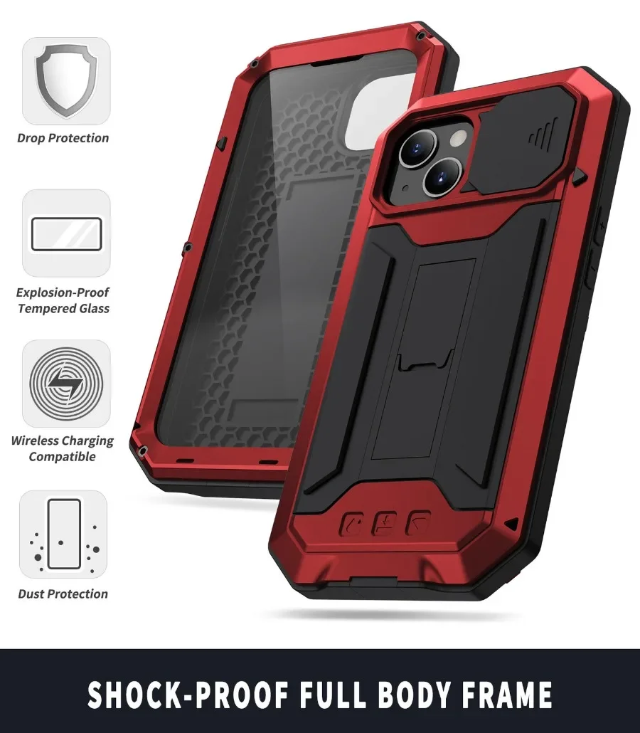 Hybrid Silicone Metal Case for iPhone, Heavy Duty Armor Shockproof Hard Cover Screen Protector Bracket iPhone16 15 14 13 Pro Max