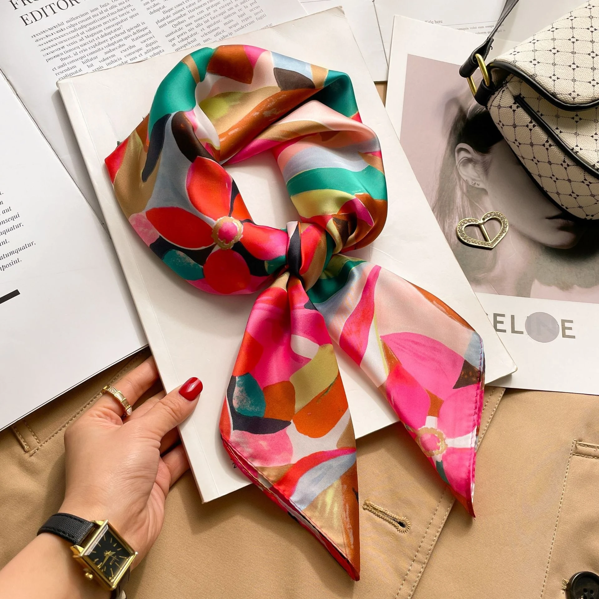 70cm Colorful Print Silk Scarf Women Fashion Kerchief Soft Satin Hairband Hands Bag Ribbon Foulard Hijab Neckerchief Headband