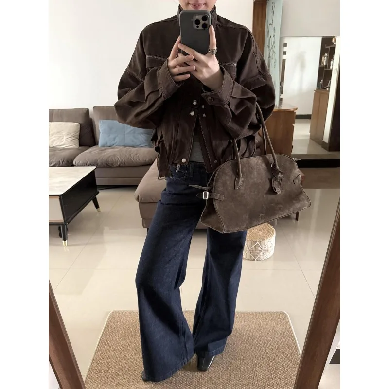 American High Street Standing Collar Short Baseball Jacket for Women 2025 Autumn New Retro Motorcycle Long Sleeved Jacket Top