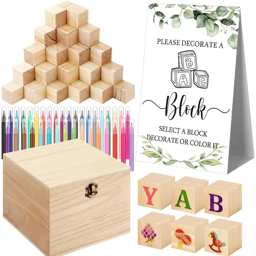 

Набор для игры и декорации на Baby Shower из 136 деталей: 98 деревянных блоков, 36 маркеров, 1 игровая табличка, 1 коробка для хранения