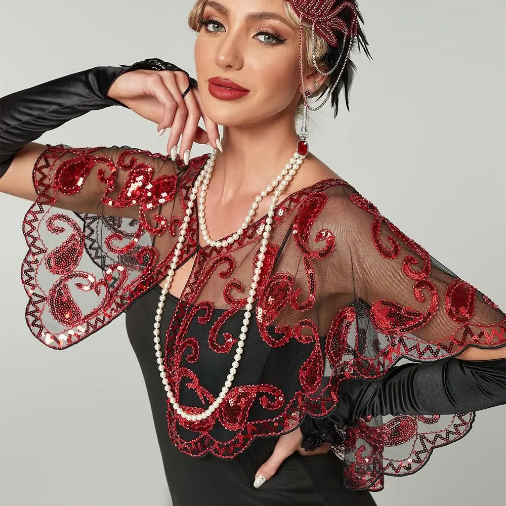 

Retro Sequins Poncho Coat Embroidery Blingbling Sequins Sequins Tassel Shawls Vintage Style Short Cape Sequin Beaded Short Cape