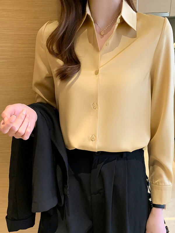 New Arrival Spring Heavyweight Silk Women's Long Sve  Silk Profional Satin White irt Commute Sle Straight Cut