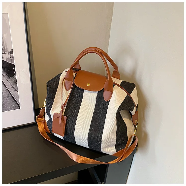 Classic Striped Pattern Shoulder Bag Simple All-Match Large Capacity Handle Satchel Bag Portable Short Travel Commuting Bag Lady