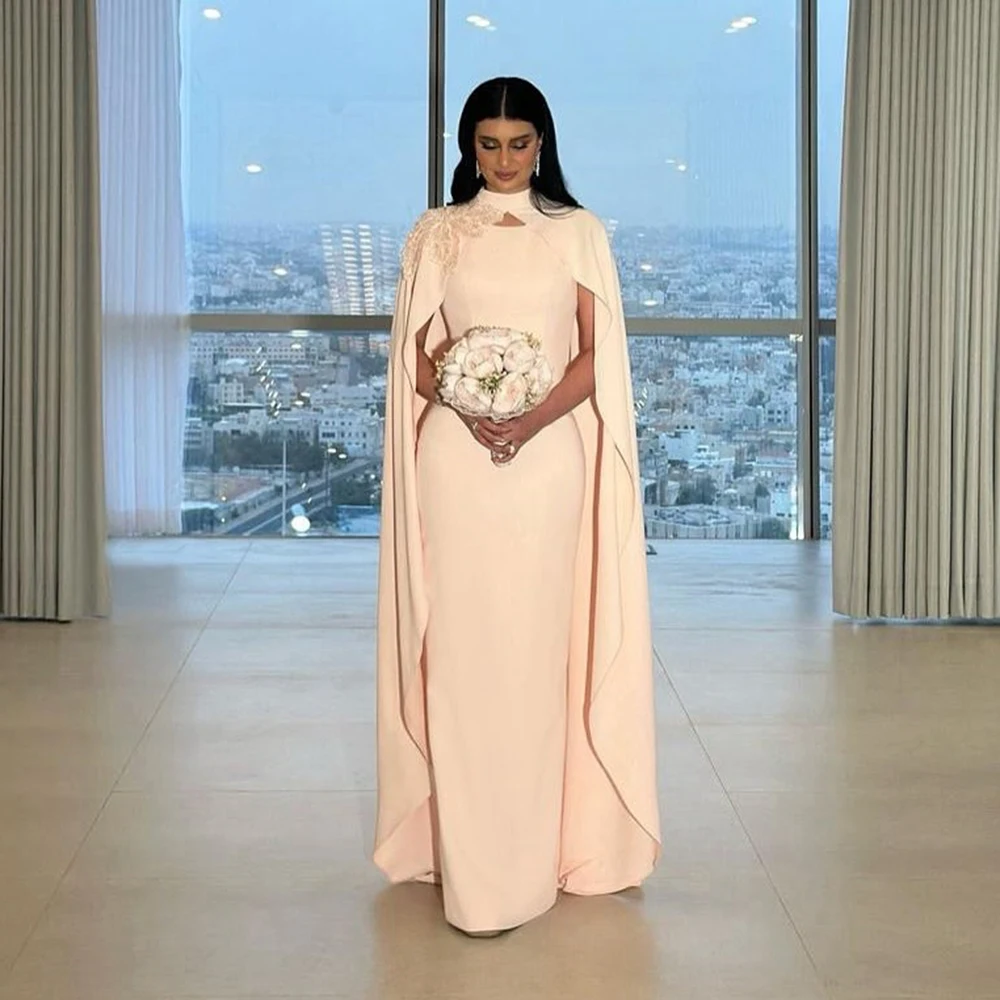 

Customized O-neck SImple Jersey Evening Dress With Cape Appliques Sleeveless Party Dress Straight Floor Length Prom Gown