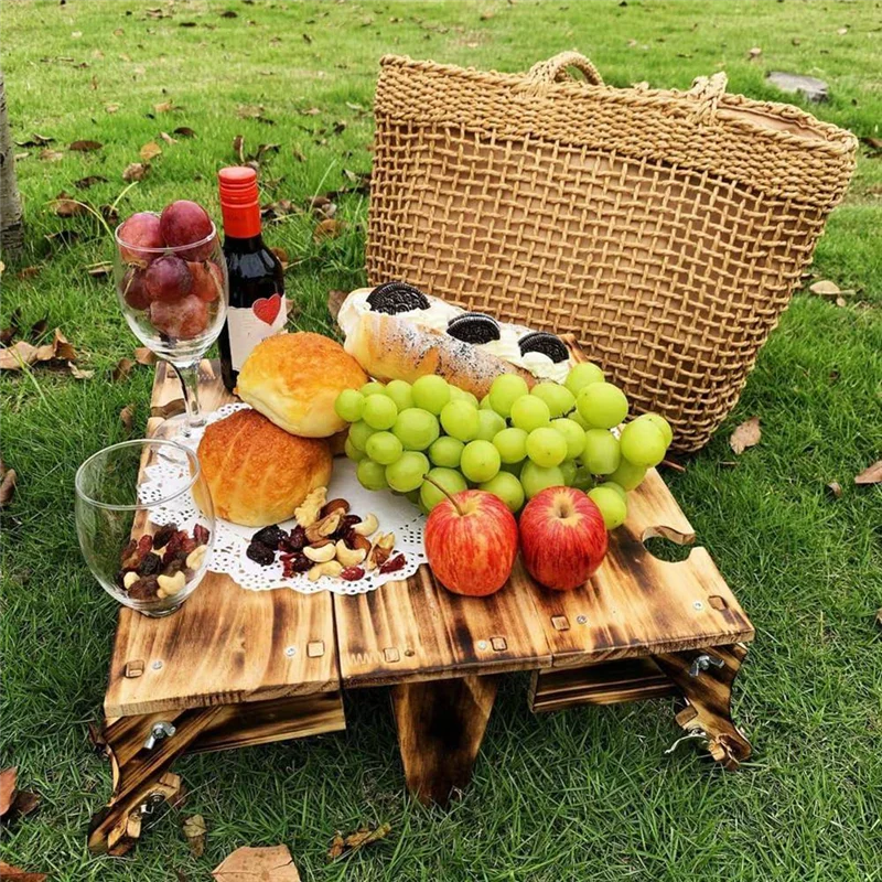 

ABKJ-Wooden Outdoor Folding Picnic Table, Convertible Storage Wooden Basket, Natural Travel Camping Equipment Durable