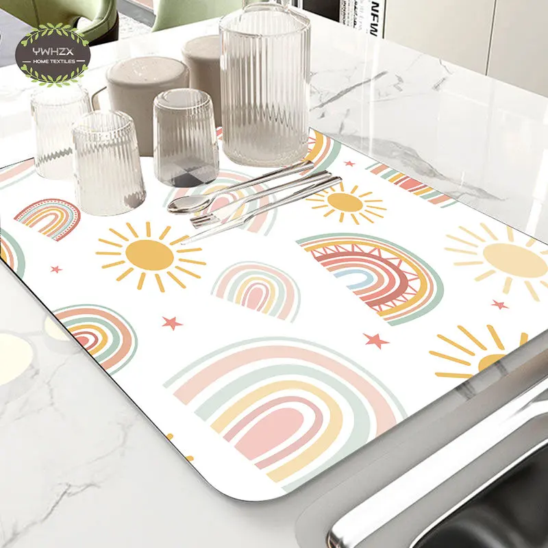 Clouds Colorful Rainbow Kitchen Absorbent Tableware Mats Dish Placemat Drain Pad Heat Resistant Counter Mat Non-slip Placemat