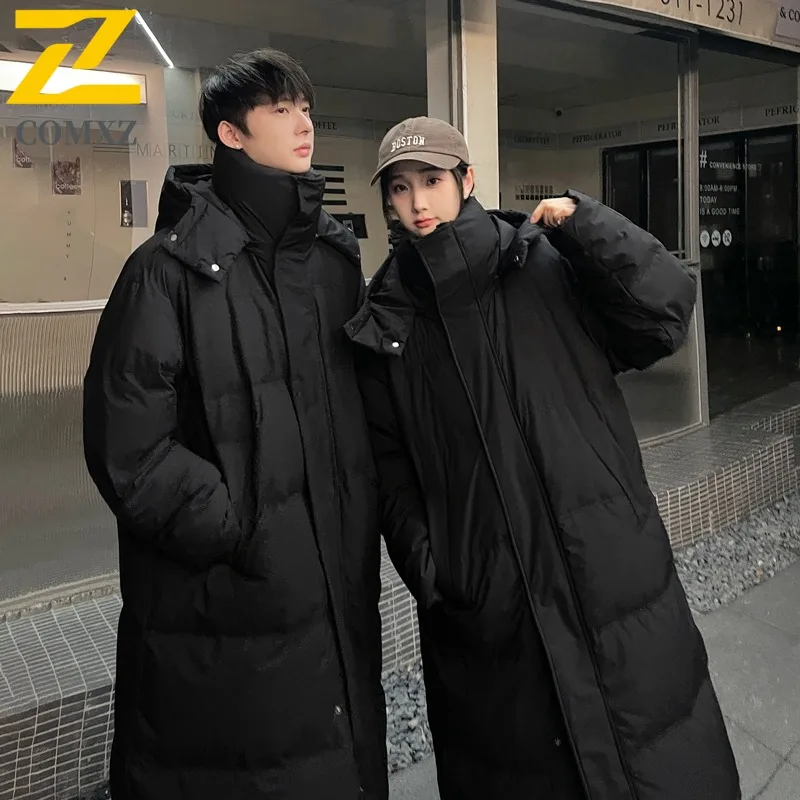 COMXZ Men Winter New Down Jacket Casual Hooded Outdoor Skiing Thick Warm Coats Knee Length Parka Lightweight Windbreaker