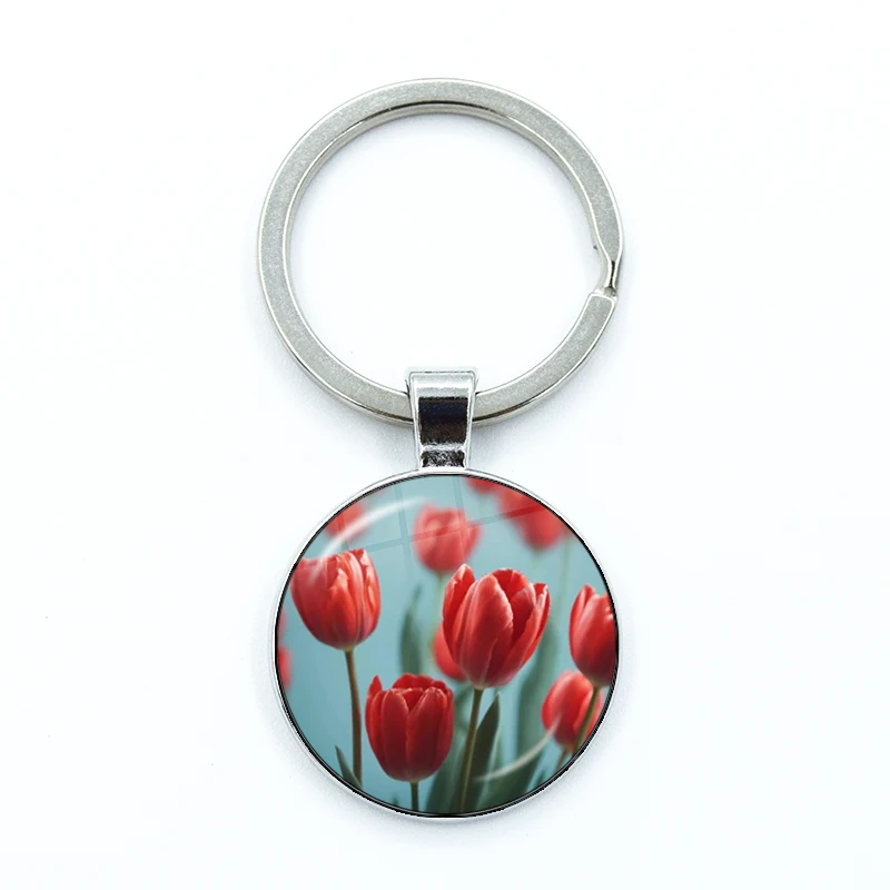 Colored Tulip Earrings Dutch Tulip Photos Glass Pendant Keychain Jewelry Charm Bag Souvenir Key Ring