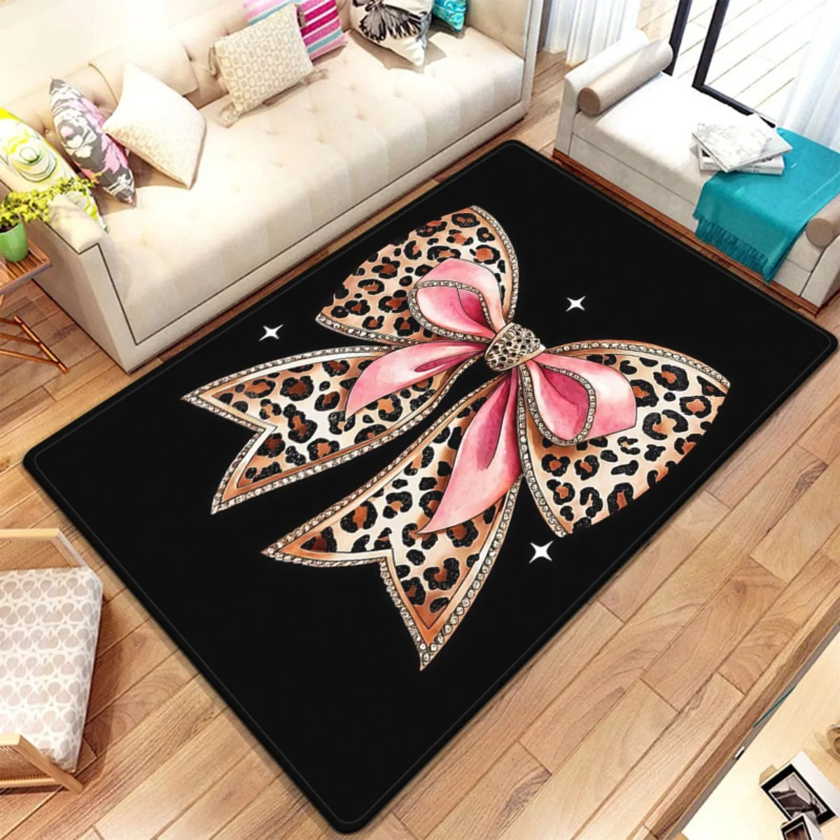 

Leopard Print Bow Rug Fashion Pink Black Crystal Velvet Carpet Living Room Bedroom Decor Glamorous Floor Mat