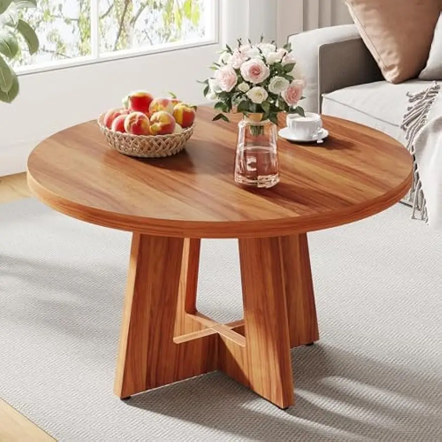 31.4-Inch Wood Circle Coffee Table with Cross Base, Round Accent Center Table for Living Room Home Office