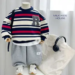 Autumn Winter Boys 2024 New Patchwork Pullover O-Neck Embroidery Stripe Letter Fashion Loose Casual Long Sleeve Sweatshirts