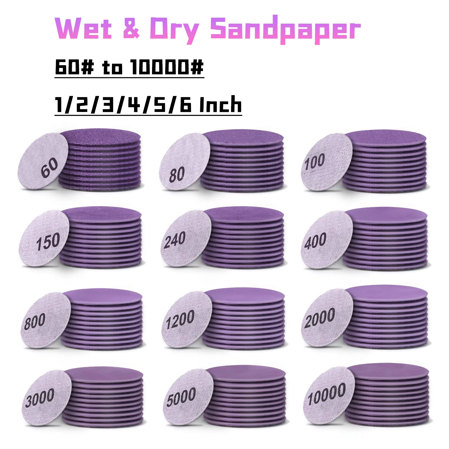 60-10000 Grit Wet Dry Sandpaper Hook & Loop 1/2/3/4/5/6 Inch Aluminum Oxide Sandpaper for Drill Grinder Rotary Tools Wood Metal
