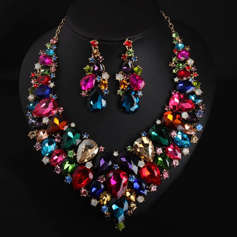 2 pieces of three-color crystal electroplated necklace and ear ring set. Wedding accessories. Gift for wife.