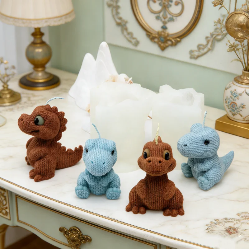 Cute Knitted Dinosaur Silicone Candle Molds 3D Charming Crochet T-Rex Baby Dino Soft Resin Crafts Mold DIY Desktop Decor Gifts