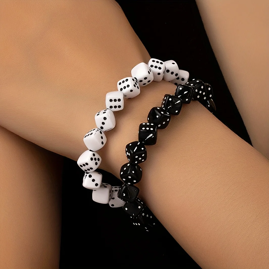 2Pcs Black and White Dice Beads Beaded Bracelet Set Fun Bracelet Couple Friends