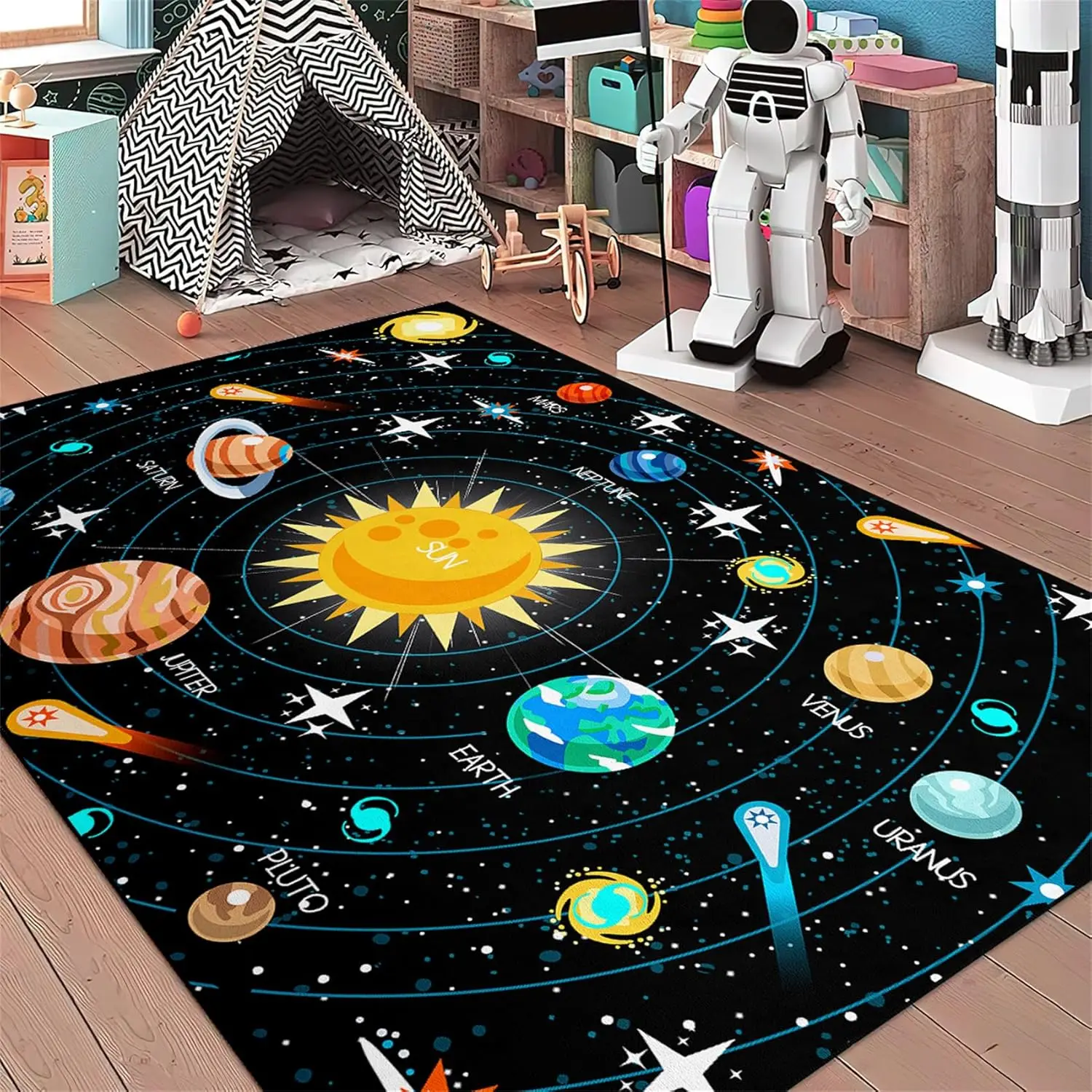 Outer Space Rugs Small Size Universe Solar System Planet Theme Carpets Kids Rugs for Playroom Educational Learning Area Rug for