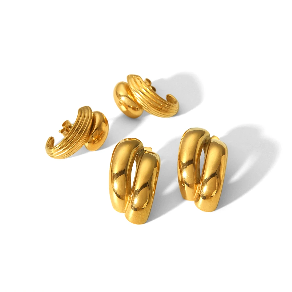 

Fashion Personality Irregular Geometric Stripe Earrings 18k Gold Plated Waterproof Stainless Steel Glossy Chunky Stud Earrings