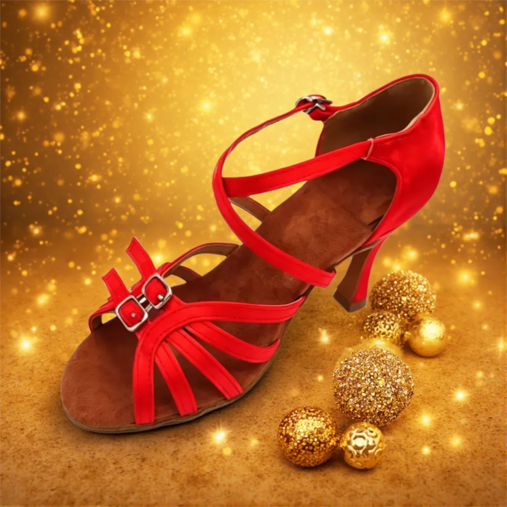 Evk Women's Red Satin Latin Dance Shoes Cross Ankle Strap Peep Toe Soft Sole Salsa Chacha Tango Ballroom Dance Training Footwear