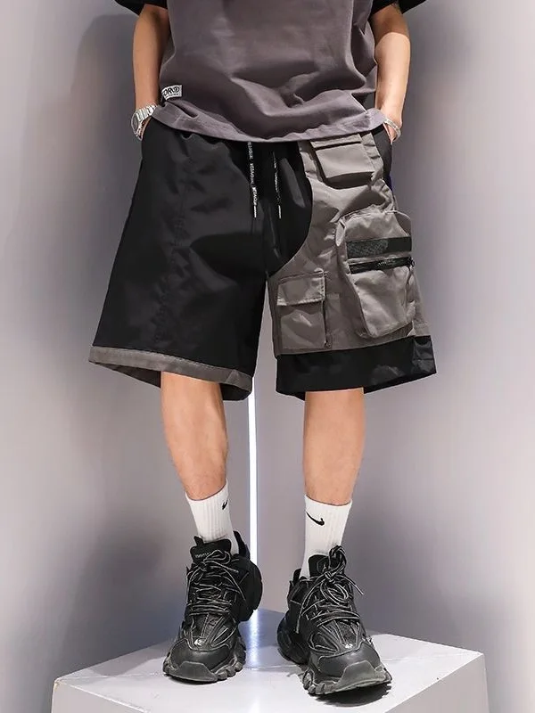 American High Street Retro Color Block Workwear Shorts Men's Summer Loose Outdoor Quick Dry 5-Quarter Pants Trendy Mid-Pants
