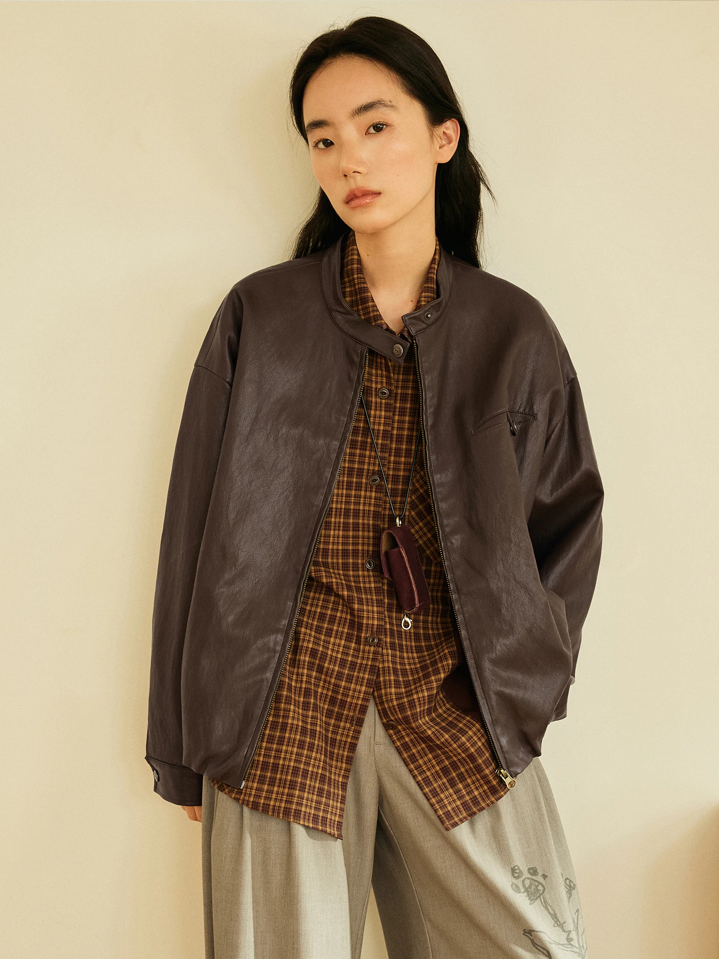 Octopusme Protein Leather Jaet Retro Stand Collar ort Outerwear for Women Commute Sle Zipper Straight Tube ape