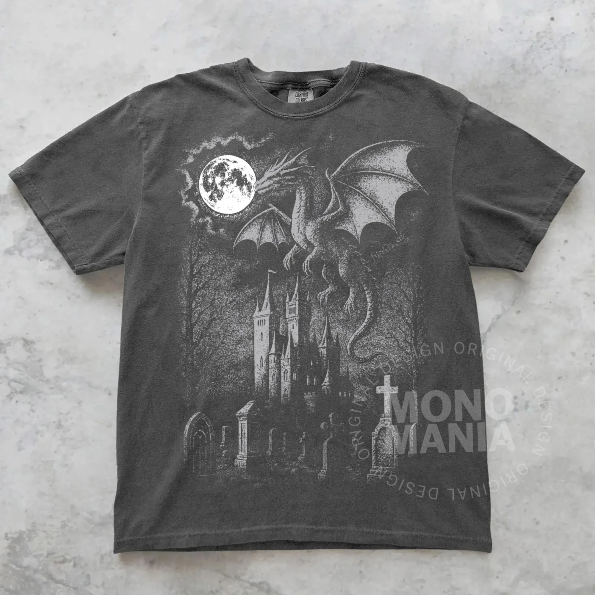 تي شيرت من العصور الوسطى بنمط التنين، نمط الخيال الداكن، نمط القوطي المتحلل، الهواء العلمي، تي شيرت قلعة القارئ الخيالي