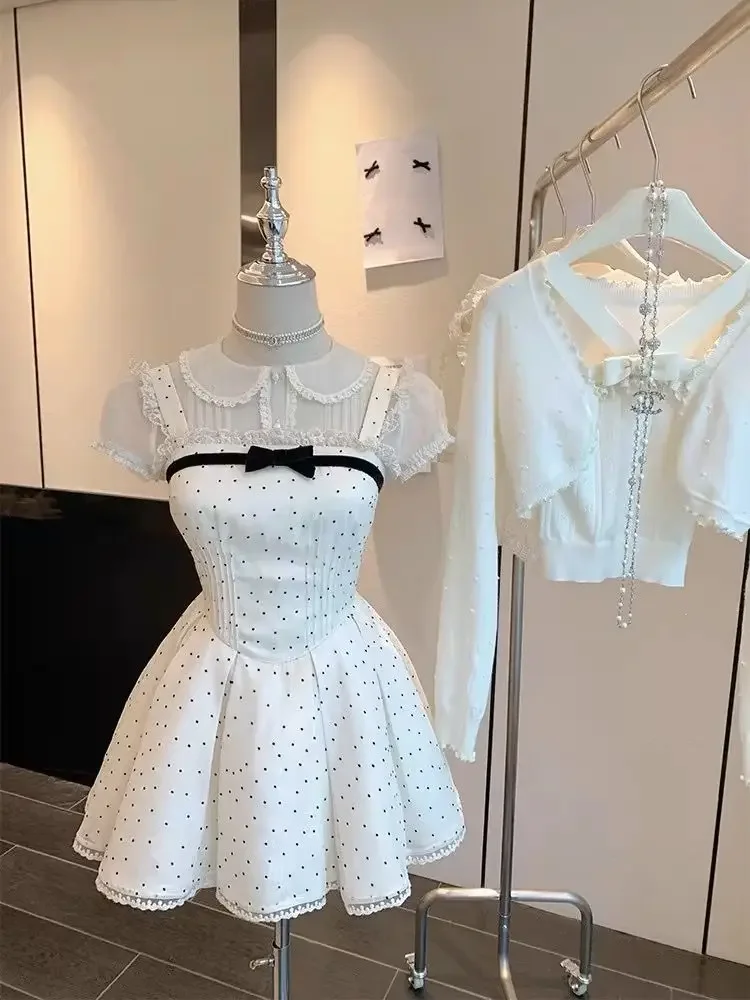 Verão kawaii novo conjunto de duas peças feminino blusa chiffon + vestido de alça sem mangas feminino casual lolita japonês princesa terno 2025 novo