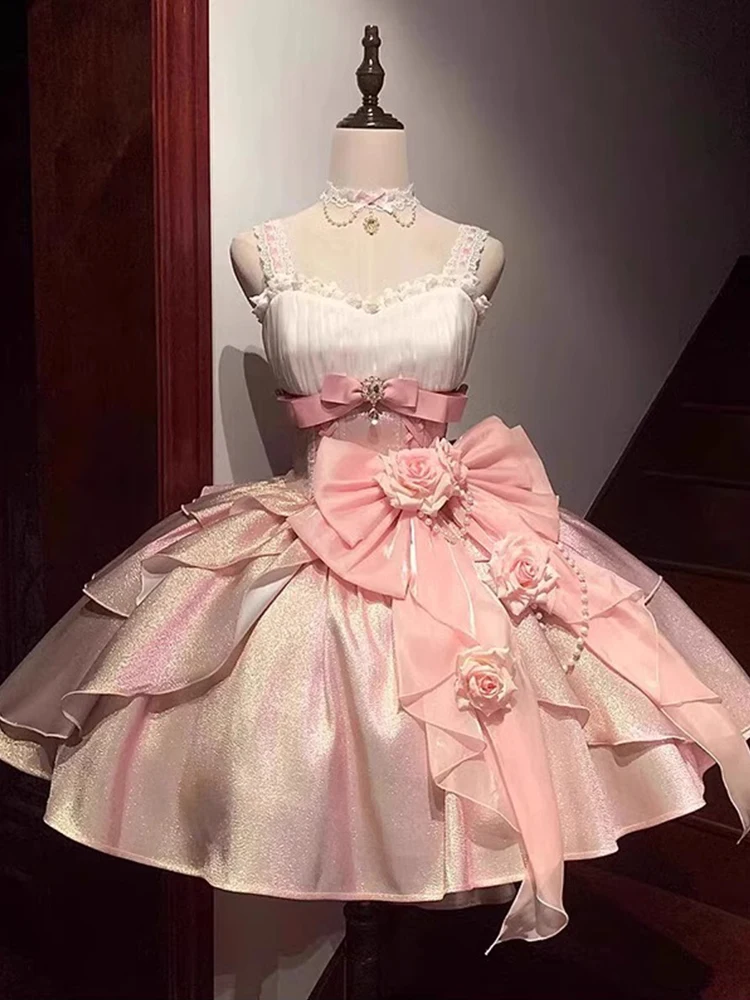 ชุดราตรีสไตล์โลลิต้าสีชมพู รุ่น Princ Sle Rose Heart Knot สำหรับผู้หญิง นักศึกษา งานวันเกิด พิธีผู้ใหญ่ พิธีกร สีชมพู