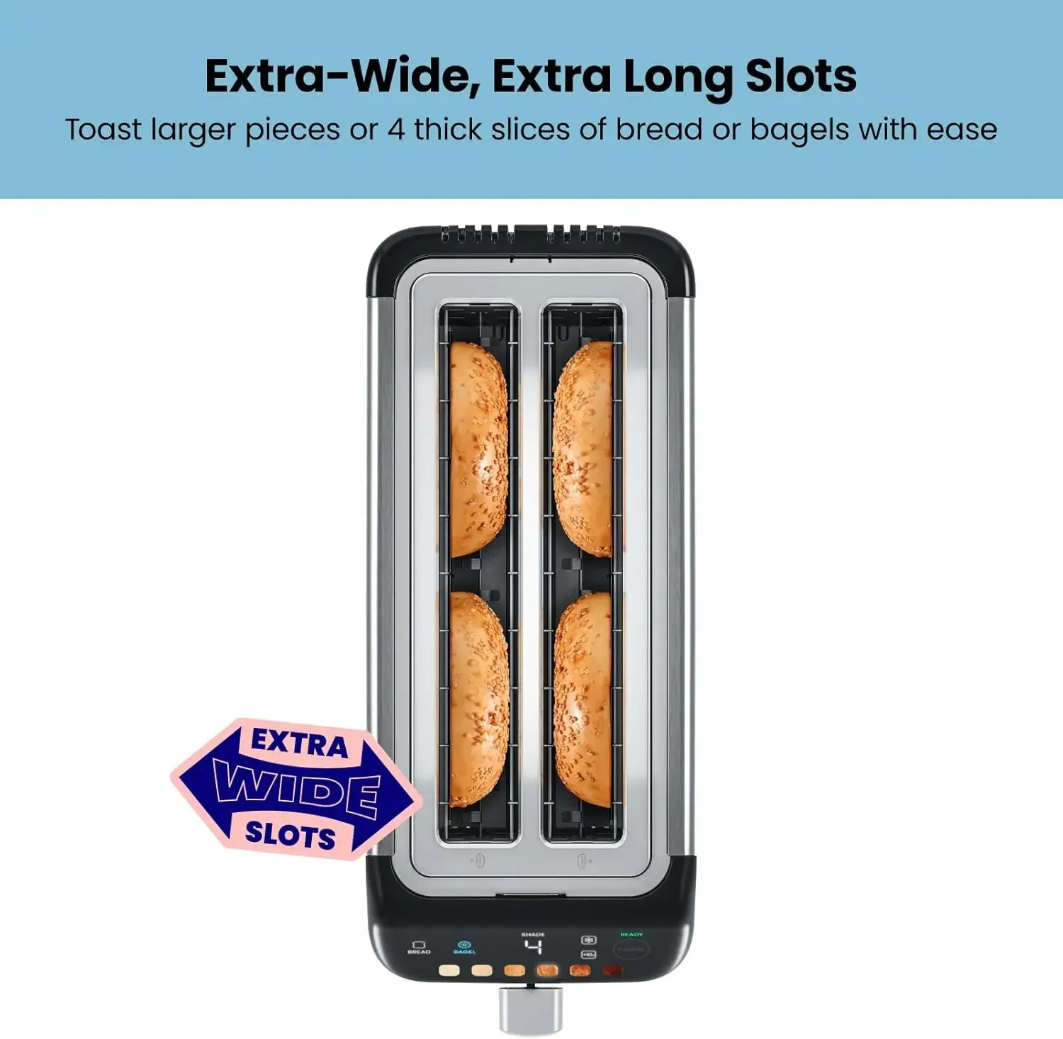 4 Slice Digital Toaster, 6 Shade Settings, Stainless Steel Toaster 4 Slice with Extra-Wide Slots, Thick Bread Toaster and Bagel