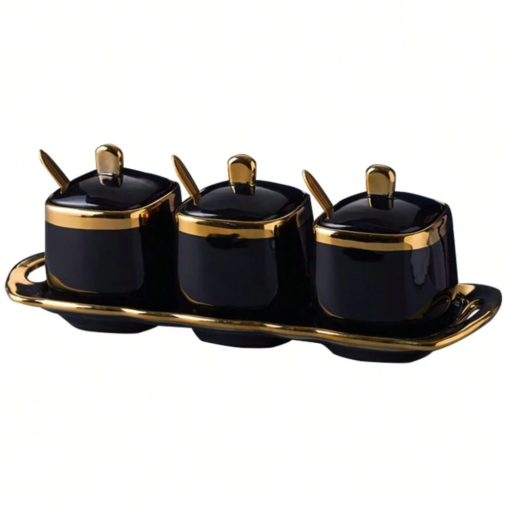 

Ceramic Spice Jars With Trays, Kitchen Storage Jars, Sugar Jars With Lids And Spoons, Sugar And Salt Jars, Round Bamboo And Wooden Lids, Black Spice Jar Set Of Three, Nordic Minimalist Japanese Creative Tableware, Suitable For Kitchens, Coffee Bars, Hotel