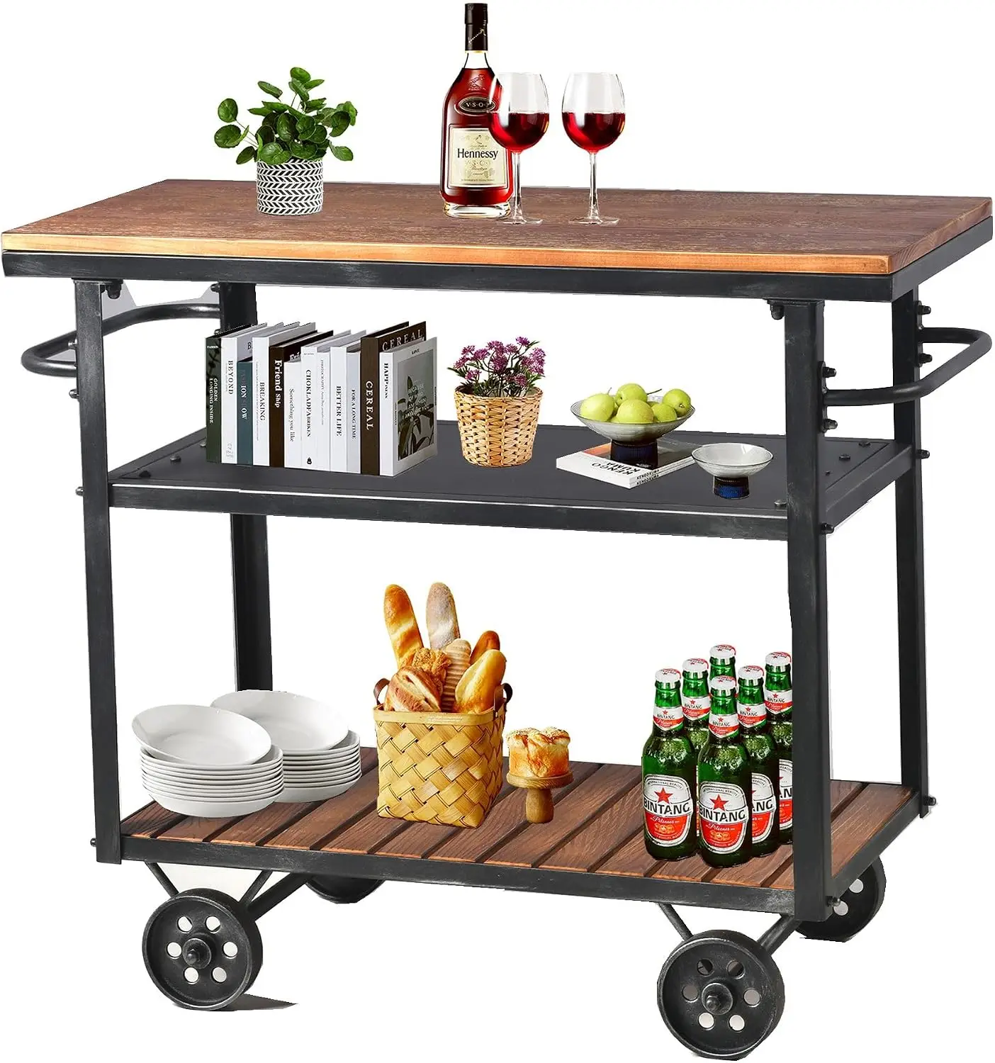 Three Layer Rolling Metal Storage Cart with Wooden Shelf, Industrial Mobile Wine Beverage Organizer with Lockable Wheels for Kitchen Bar Dining Room