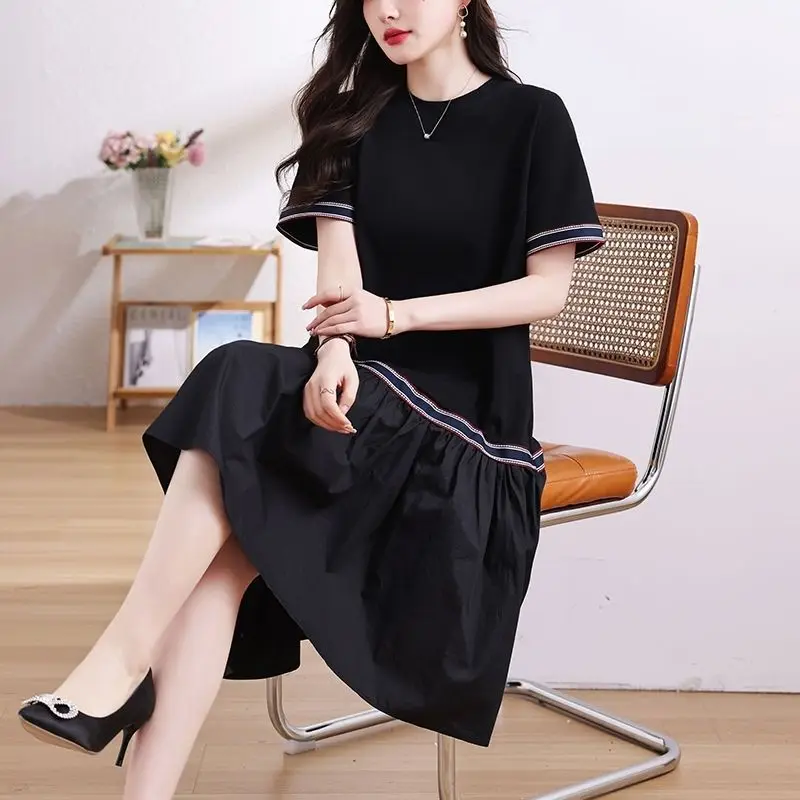 Basic Casual Loose Dresses Stylish Bright Line Decoration Summer Short Sleeve Female Clothing A-Line Korean Spliced Midi Dress