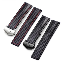20mm 22mm For TAG Heuer F1 Watchband Carbon Fiber Texture Cattle Cowhide Black Red Band Men's Strap With Foldable