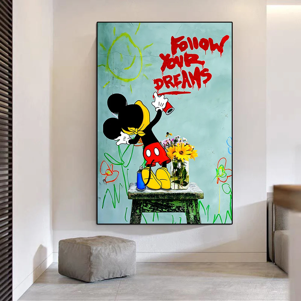 Disney Banksy Mickey Mouse Follow Your Dreams Graffiti Poster Print Cartoon Anime Canvas Painting Colorful Wall Art Room Decor