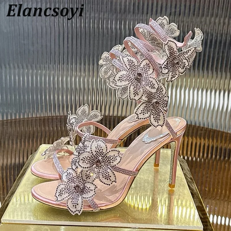 Sexy Stiletto Sandals Women Crystal Flower Snake Shaped Winding Banquet Wedding Shoes Summer High Heels Gladiator Sandalias