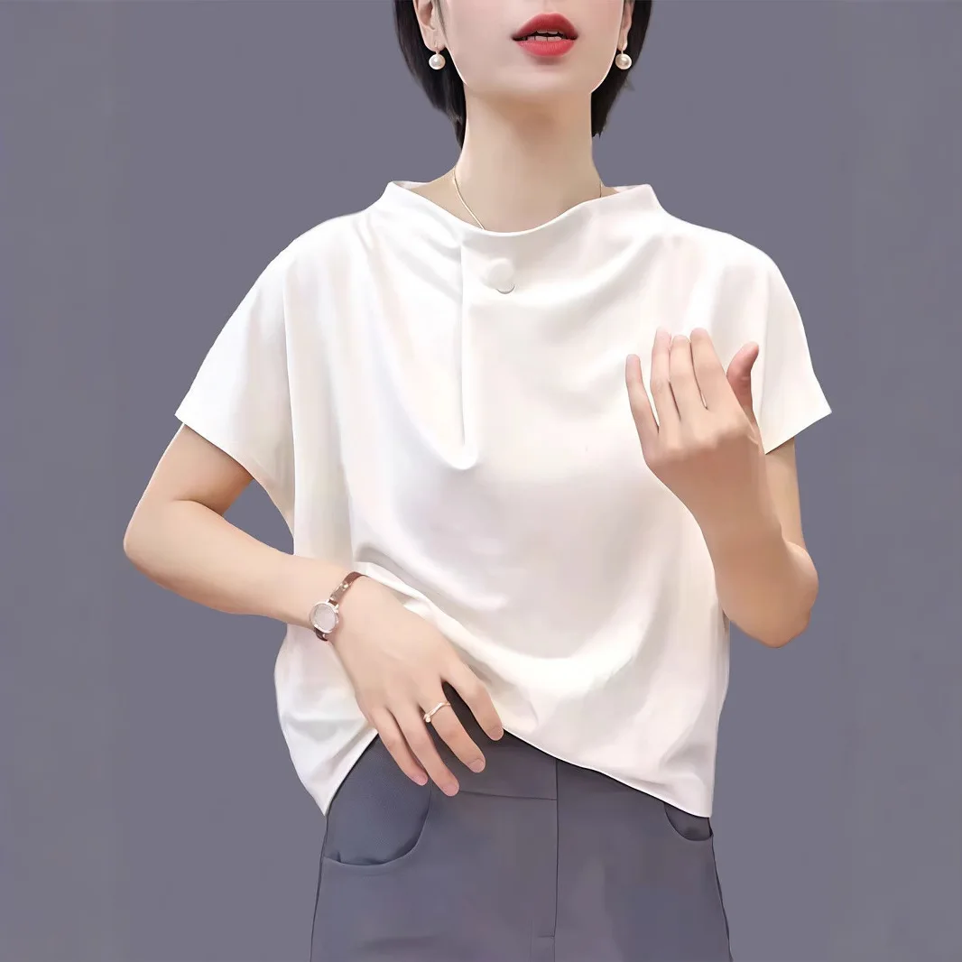 Somenie 2026 New Crew Neck Short Sleeve Left Shoulder Folded T-Shirt Women's Casual Foreign Design Top
