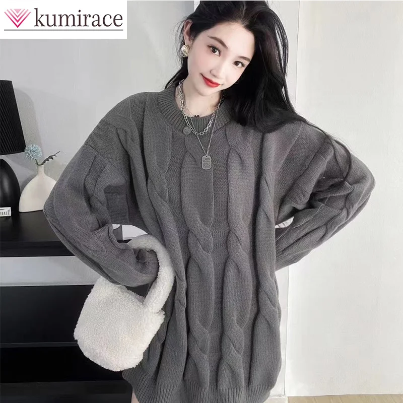 Western Grey Fried Dough Twists Sweater Women Wear Medium Length Autumn and Winter 2023 Thickened Loose Top Winter Clothes Women