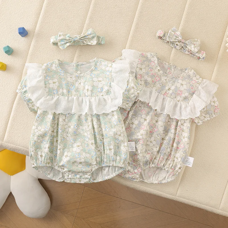 Korean Style Summer RomperTiny Floral Lace Ruffle Short Sleeve Jumpsuit Thin Breathable Outfit For Girls