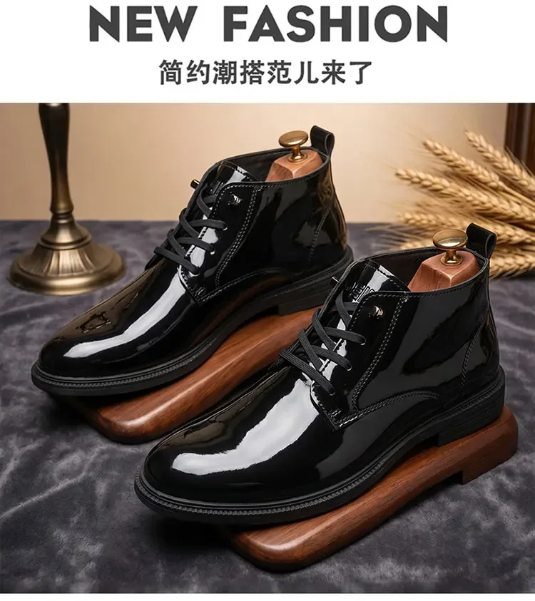 Glänzend schwarze Schnürstiefeletten für Herren, hohe Schafthöhe, dicke Sohle, modische, lässige Business-Herrenschuhe – Detail 8