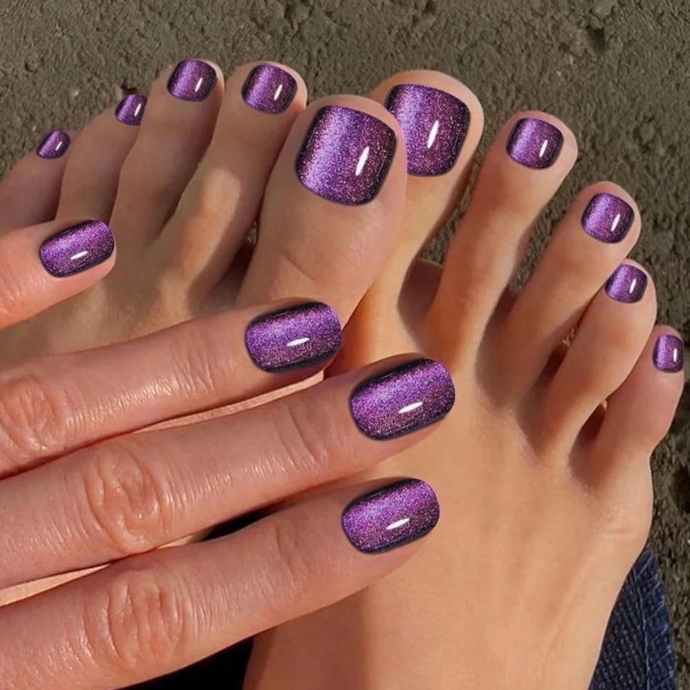 2Pack(48Pcs) Purple Cat Eye Glitter French Press On Nail &Toenails Glossy Acrylic Short Square Toe Nail Full Cover False NailTip