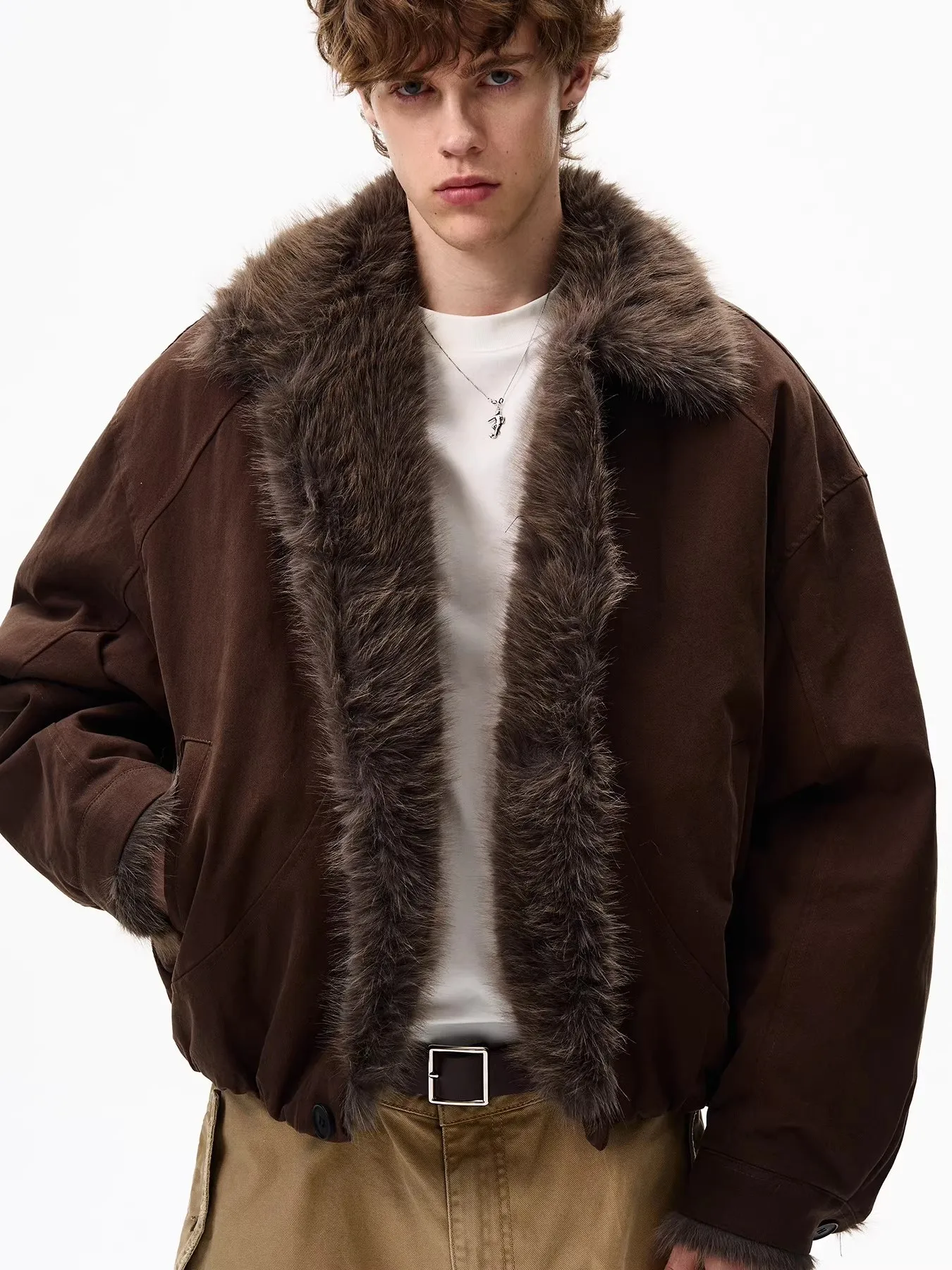 

American Retro Thiened Warm Loose Men's Jaet 2025 Autumn Winter New Sle Faionable Cotton Coat with Fur Collar