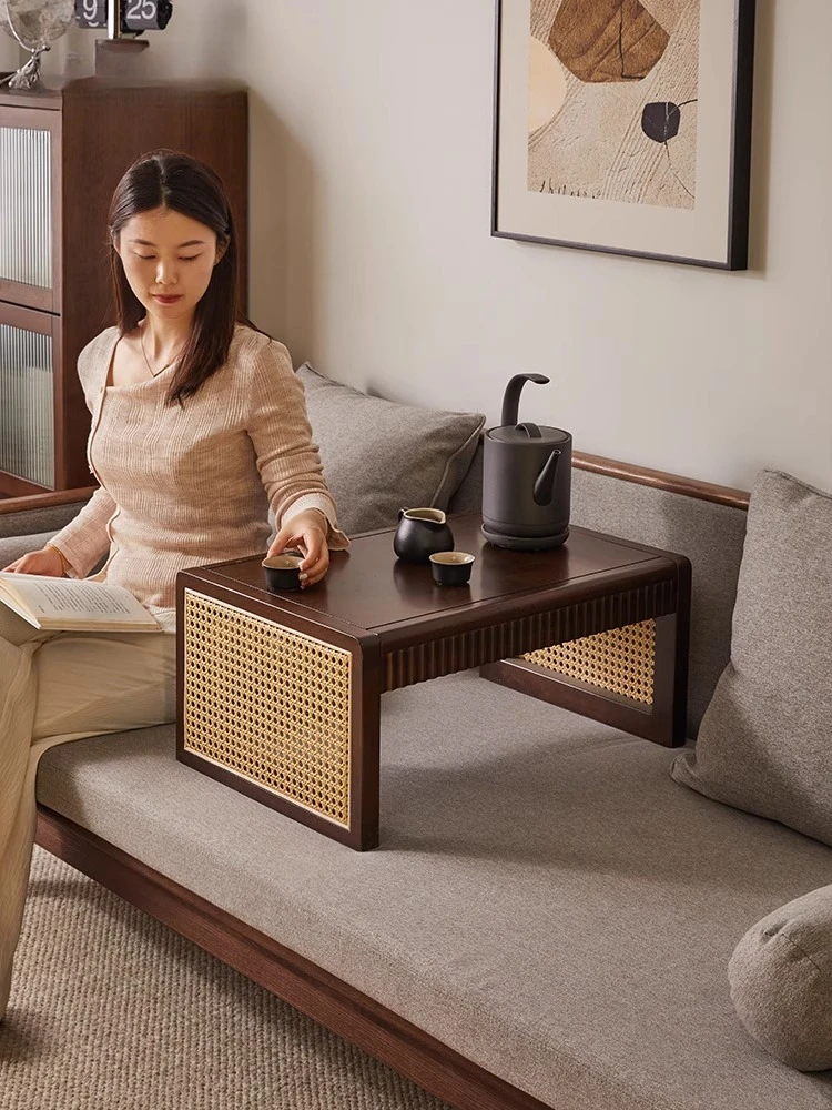 

Nordic solid wood coffee table living room household tea table balcony bay window few tatami rattan kangji small tea table