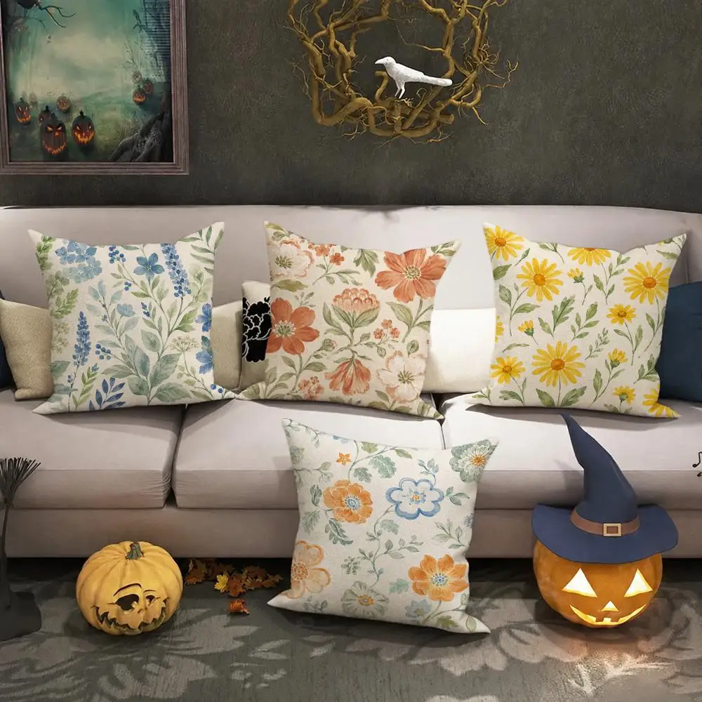 Botanical Floral Art Cushion Cover Halloween decoration trick or treat cushion cover, ghost, pumpkin head, bat decoration